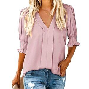 Evaless Summer Casual V Neck Tunic Blouse Ruffle Short Sleeve Pink Size XXL